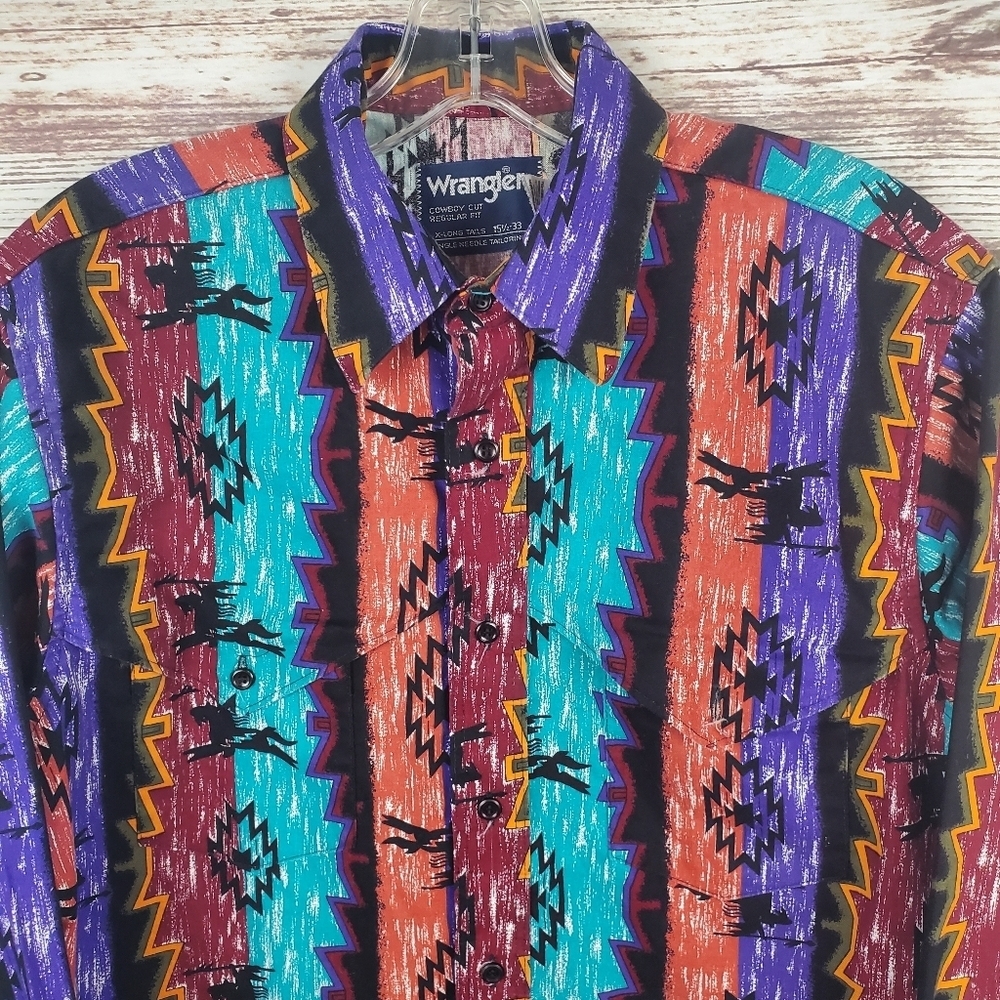 Wrangler Mens 15.5 33 Vtg X-Long Tails Checotah Aztec Southwest Western Shirt - Picture 2 of 9